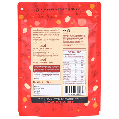 Urban Platter Salted Wheat Puff, 100g (Made from Whole Grain, High in Protein, Lightly Salted, Oil Free, Kid Friendly)