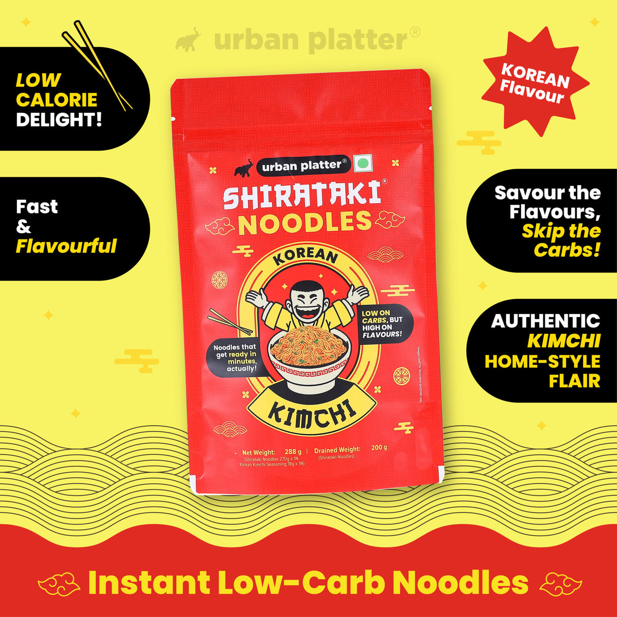 Urban Platter Korean Kimchi Shirataki Noodles, 288g (Keto-friendly, Low-Carb, Fat-free, Instant Noodles | Original Kimchi Flavour | Konjac Miracle Noodles)