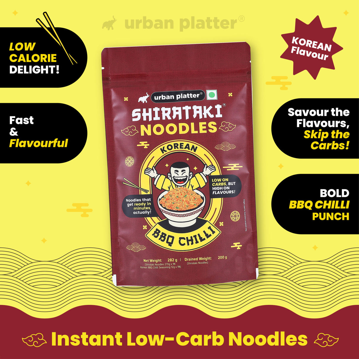 Urban Platter Korean BBQ Chilli Shirataki Noodles, 282g (Keto-friendly, Low-Carb, Fat-free, Instant Noodles | Spicy BBQ Chilli Flavour | Konjac Miracle Noodles)