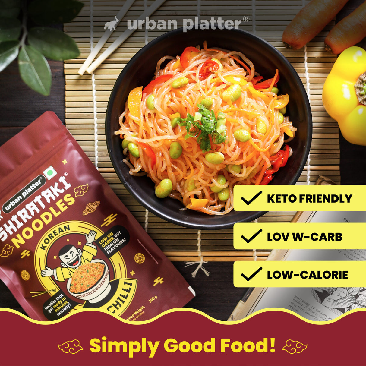 Urban Platter Korean BBQ Chilli Shirataki Noodles, 282g (Keto-friendly, Low-Carb, Fat-free, Instant Noodles | Spicy BBQ Chilli Flavour | Konjac Miracle Noodles)