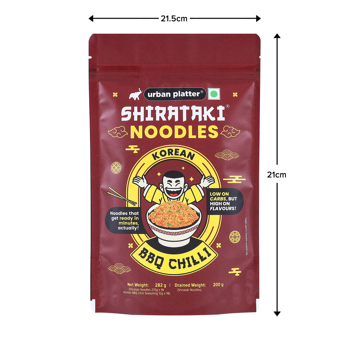 Urban Platter Korean BBQ Chilli Shirataki Noodles, 282g (Keto-friendly, Low-Carb, Fat-free, Instant Noodles | Spicy BBQ Chilli Flavour | Konjac Miracle Noodles)