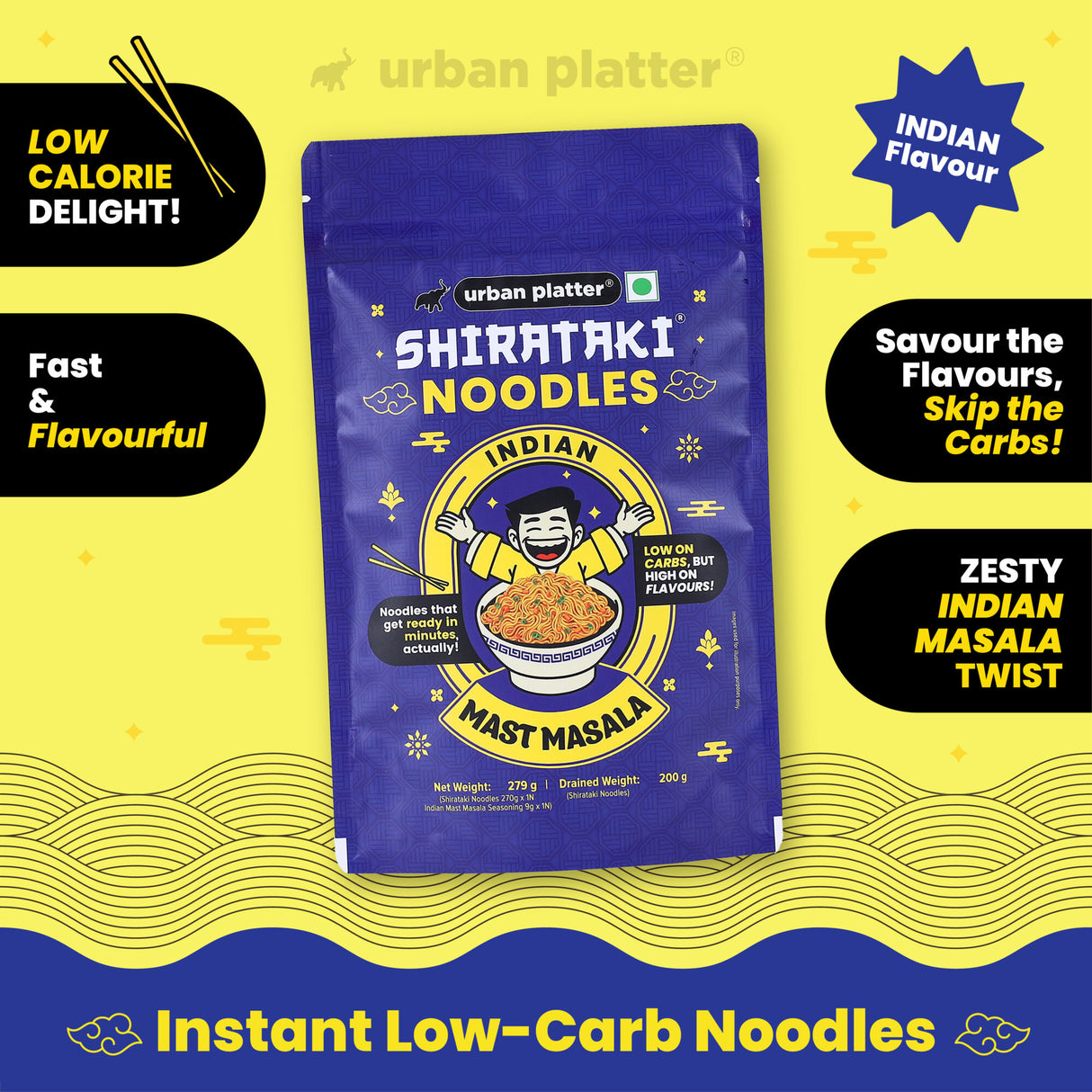 Urban Platter Indian Mast Masala Shirataki Noodles, 279g (Keto-friendly, Low-Carb, Fat-free, Instant Noodles | Zesty Indian Mast Masala | Konjac Miracle Noodles).