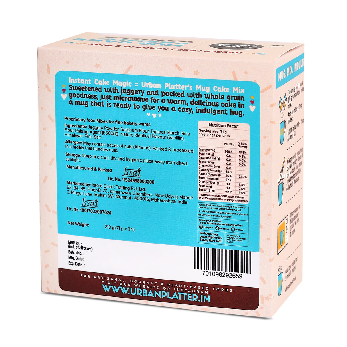 Urban Platter Mug cake Premix - Vanilla, 213g [Gluten Free, Sweetned with Jaggery, Ready in 2 minutes]