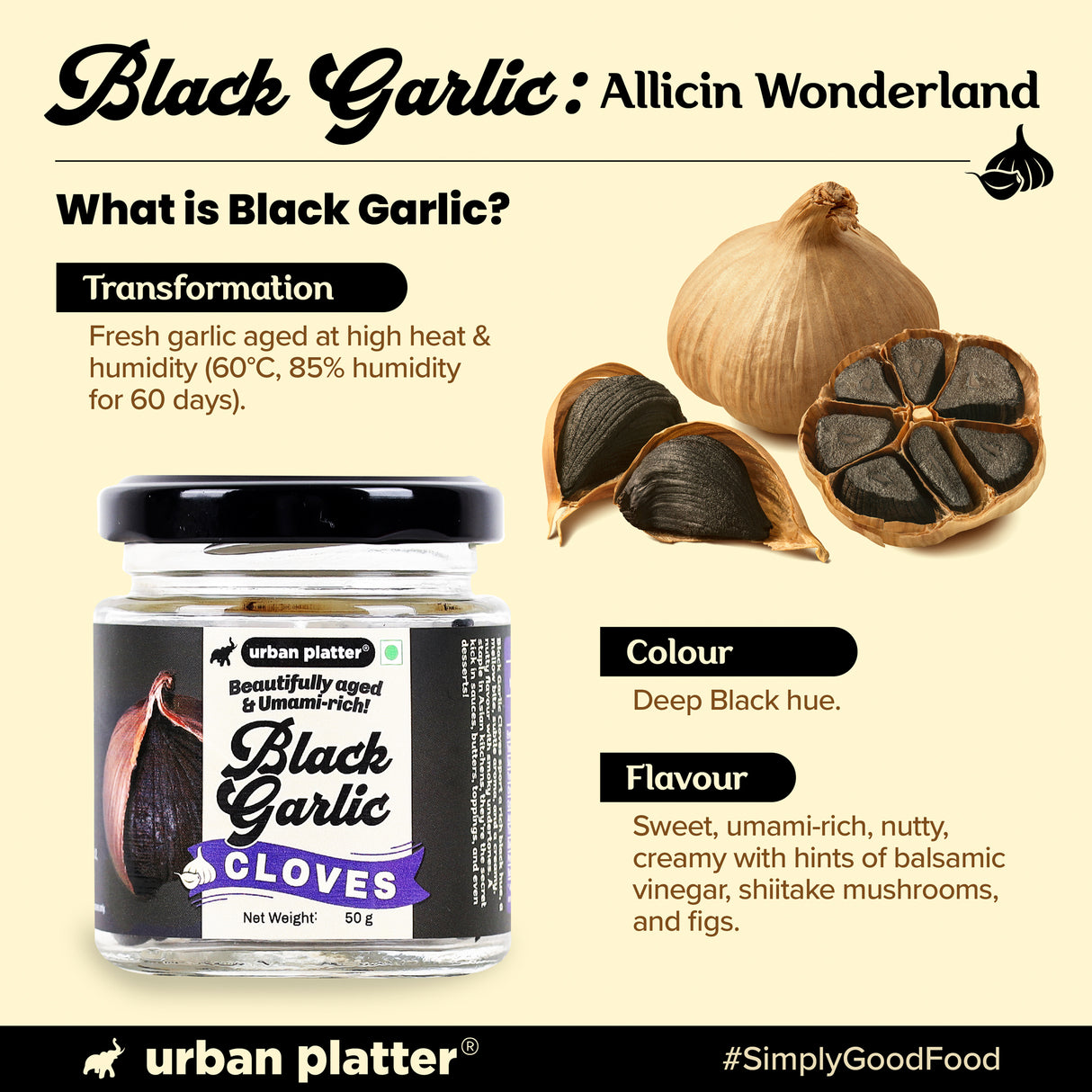 Urban Platter Black Garlic Cloves, 50g [Umami-Rich, Slowly-aged, Functional Food, No preservatives]