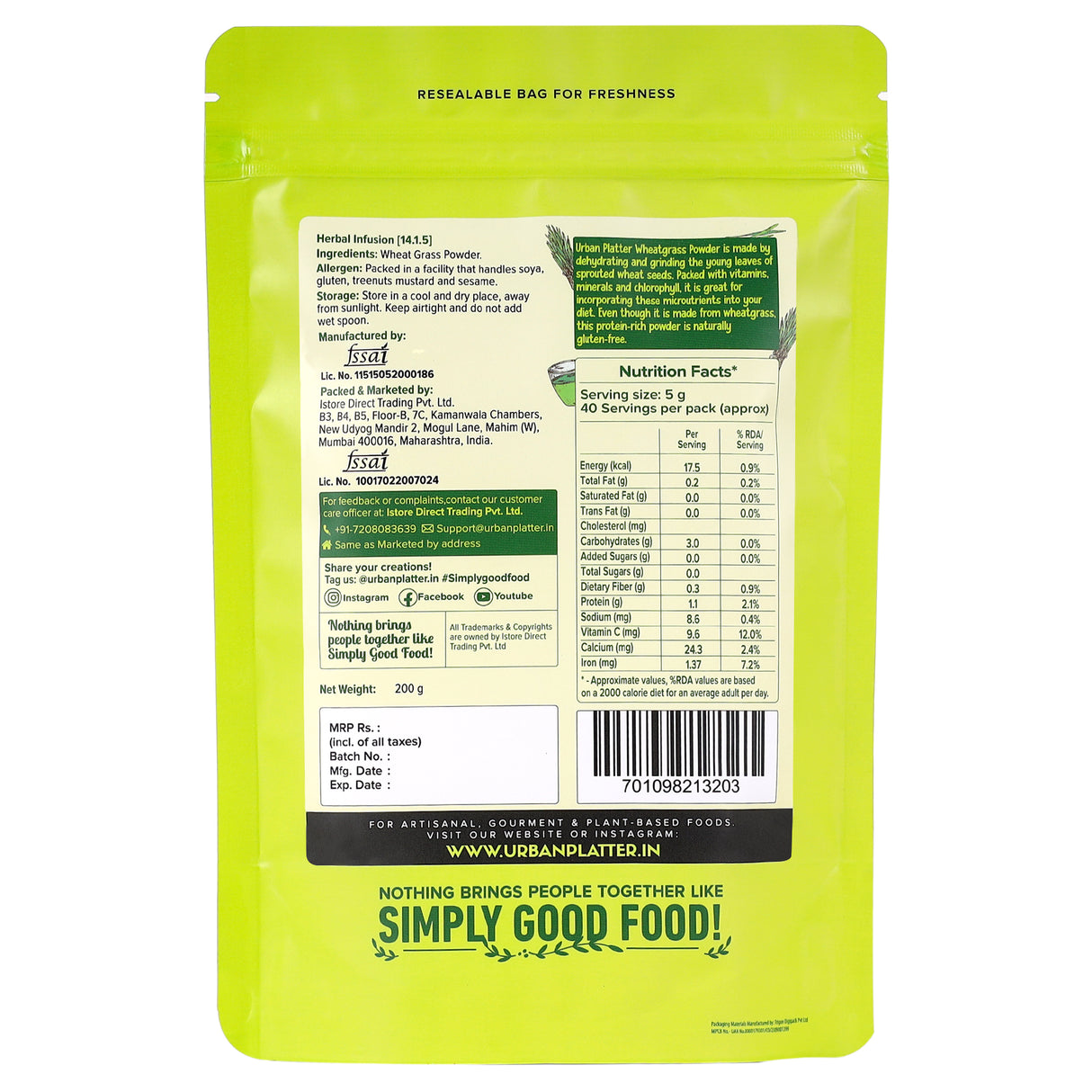 Wheatgrass Powder, 200g [Immunity boosting | Superfood | Supports healthy metabolism | Detoxifying]