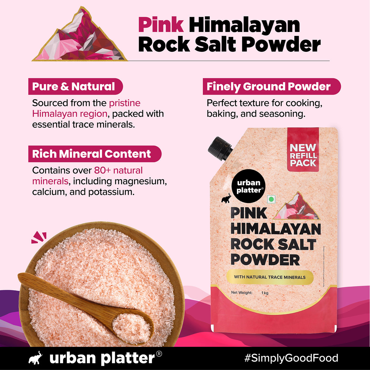 Pink Himalayan Rock Salt Powder, 1kg (Unrefined | Additive Free | 100% Pink Rock Salt | Sendha Salt | Resealable Pouch)