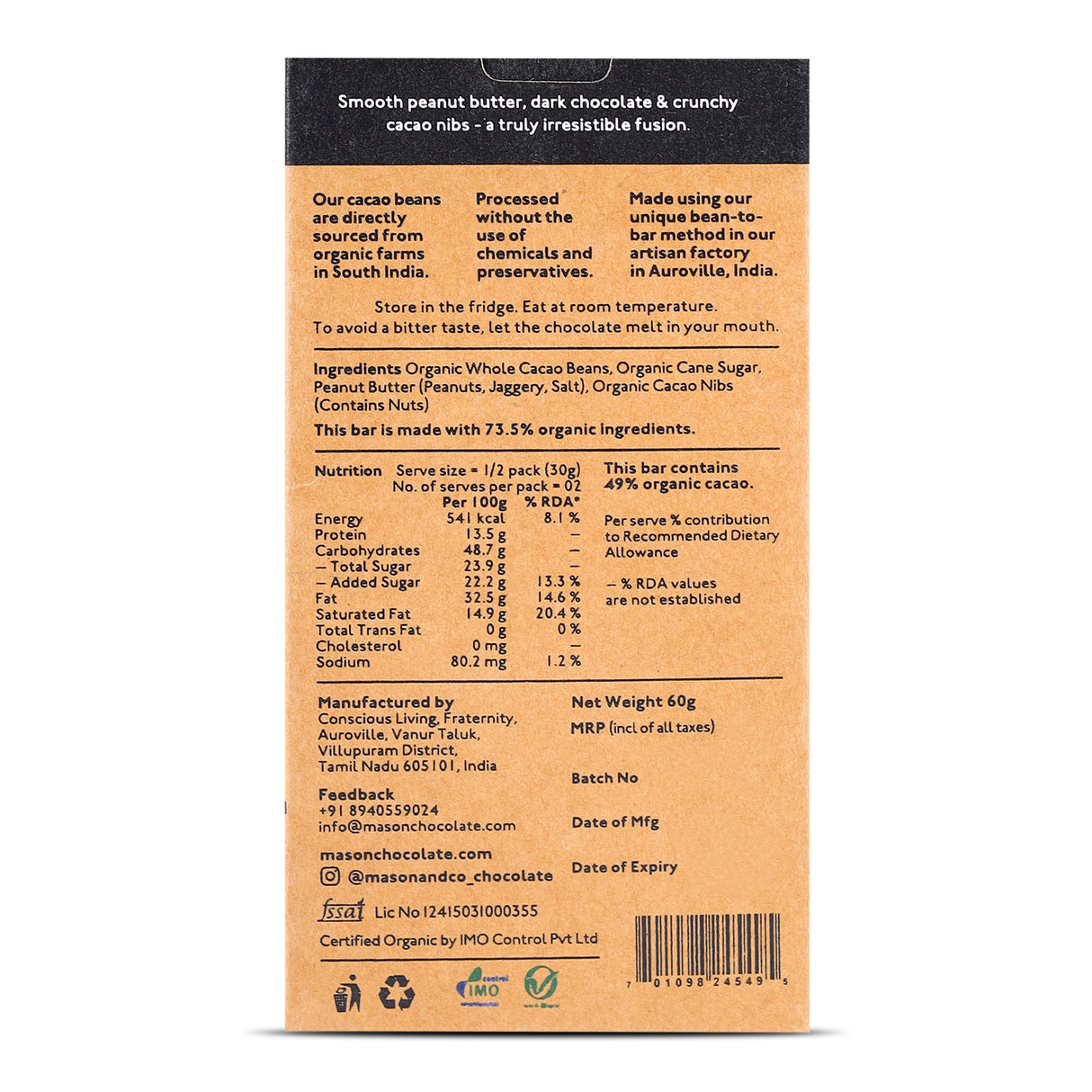 Mason & Co. 49% Crunchy Dark Chocolate with Peanut Butter, 60g