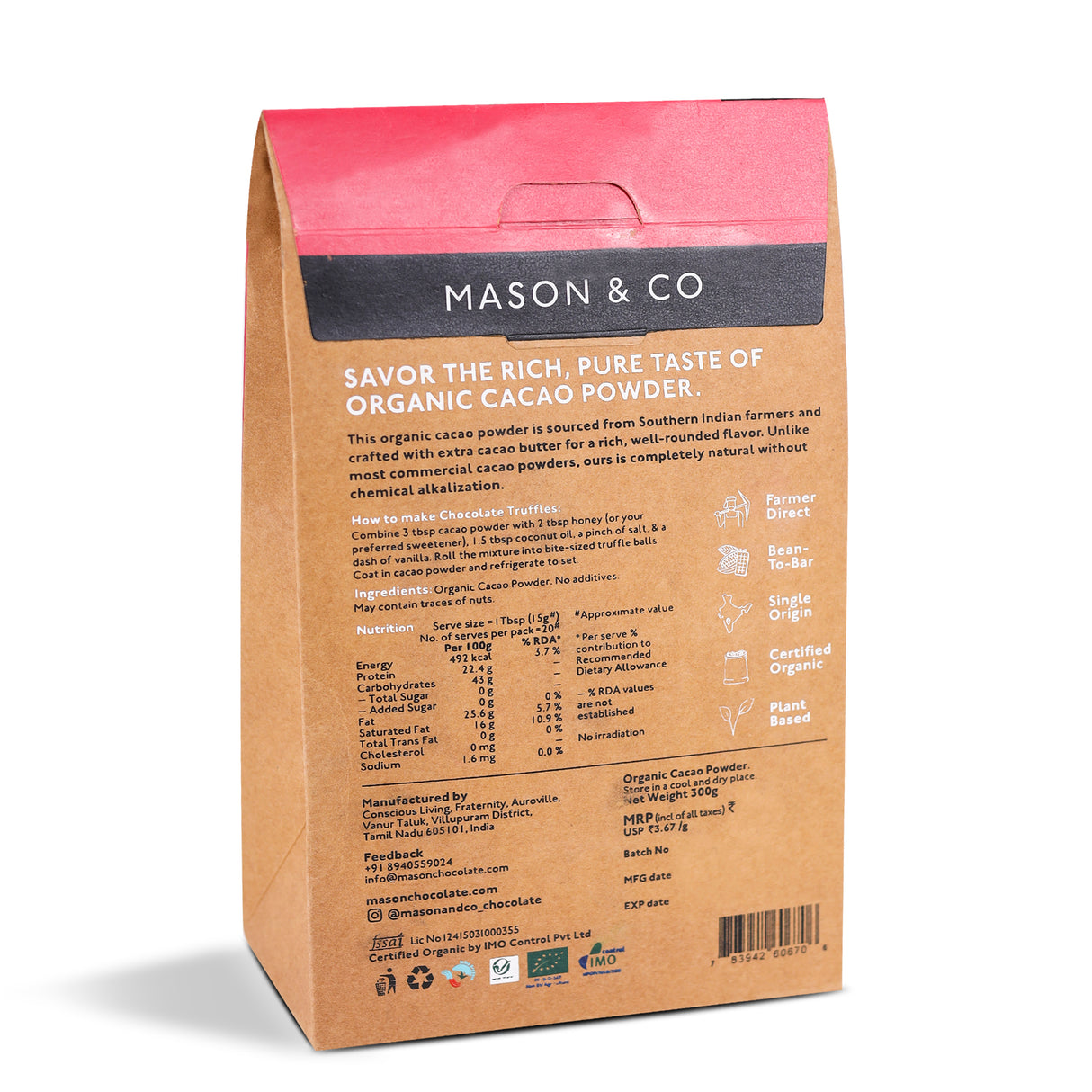 Mason & Co. Non-Alkalised Organic Plant-based Artisanal Indian Cacao Powder, 300g