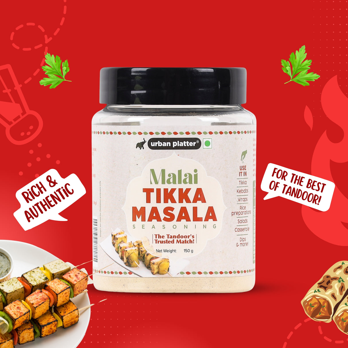 Urban Platter Malai Tikka Masala Seasoning, 150g [Aromatic and Flavourful | Marinades and Grilling | Natural Oils Preserved]