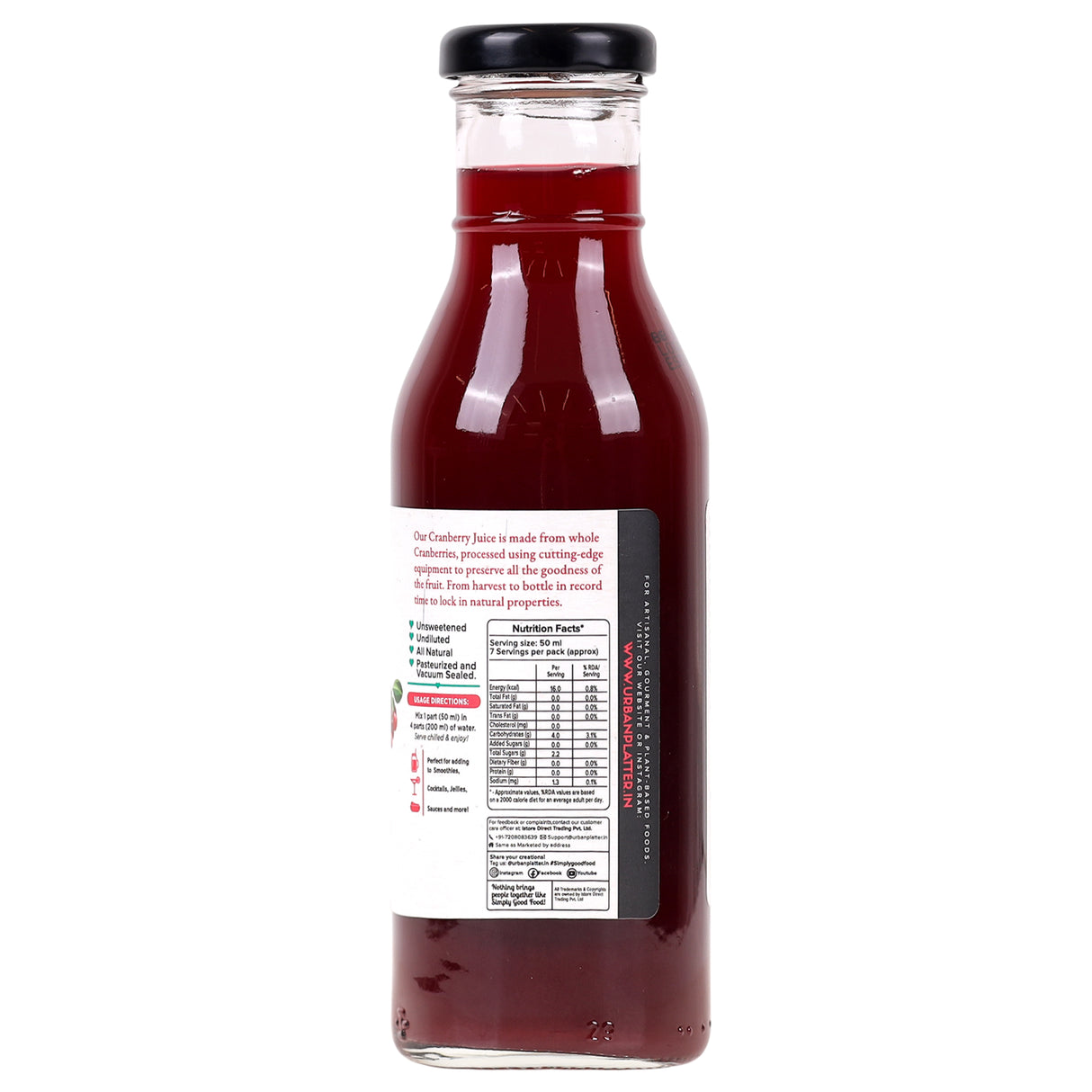 Urban Platter 100% Canadian Cranberry Juice, 350ml | No Added Sugar, Preservative-Free | Antioxidant-Rich, Supports UTI Health | Ideal for Cocktails & Mocktails