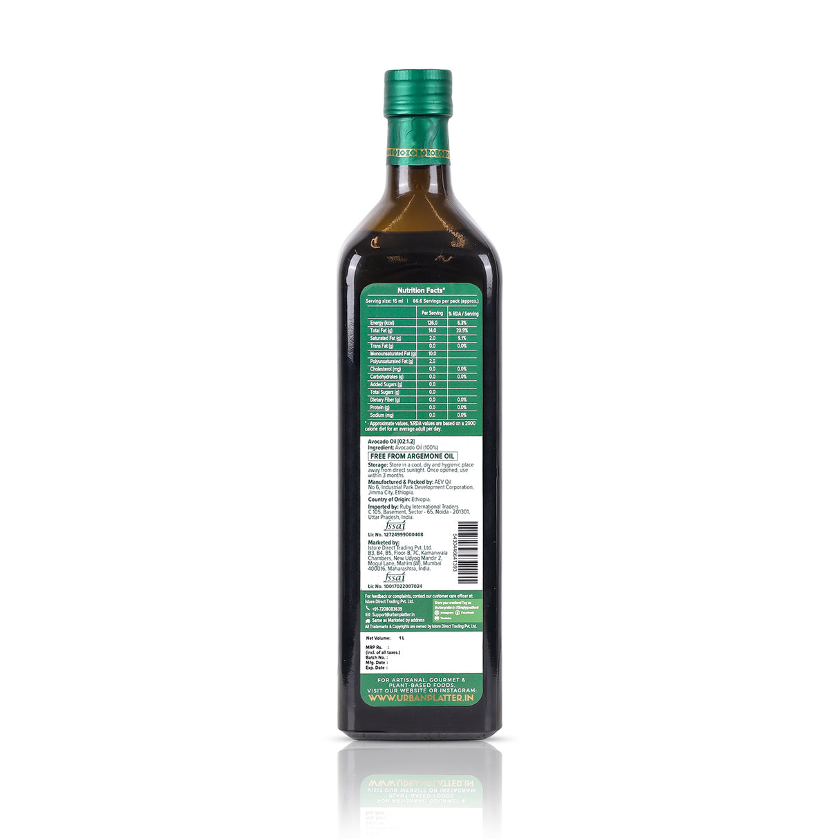 Urban Platter Virgin Avocado Oil, 1L (Cold Pressed | High Smoke Point | 70% MUFA)