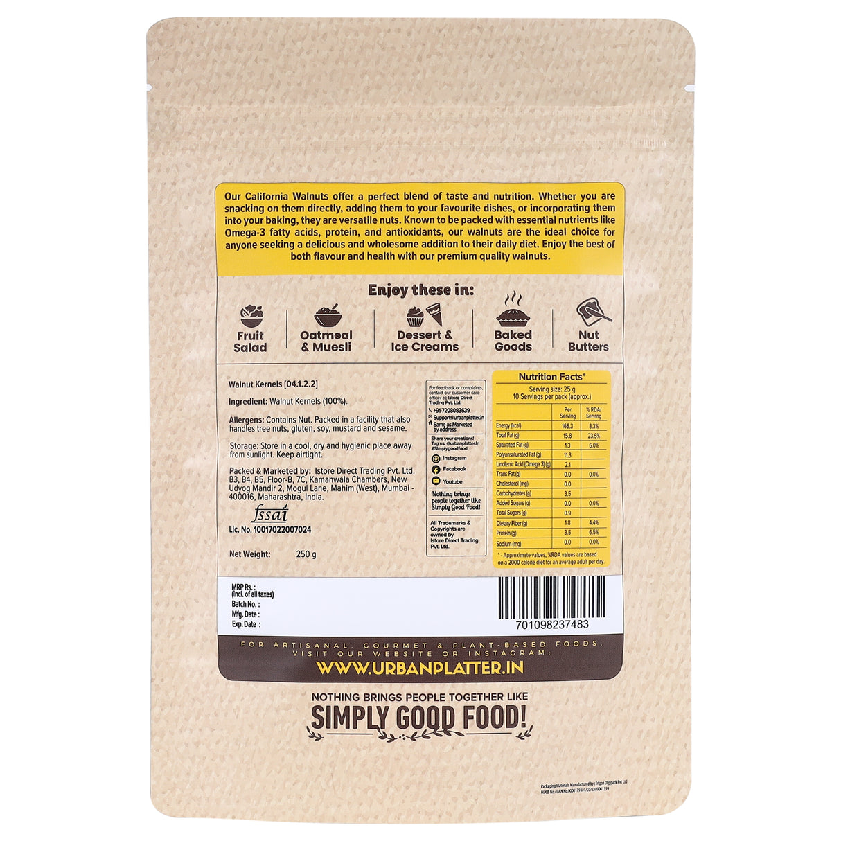 Urban Platter California Walnut Kernels, 250g (Premium California Walnuts, Rich in Fiber & Protein, Stored in Refrigeration for Long Lasting Freshness)