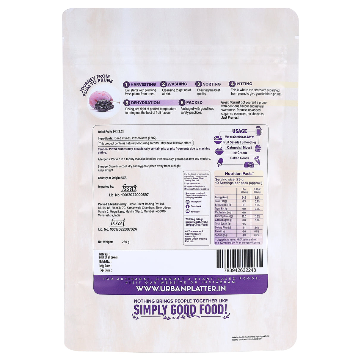 Urban Platter Pitted California Prunes, 250g (Dried Plums | Unsweetened | Rich in fibre | Great for Digestion)