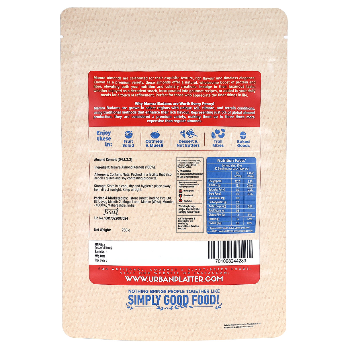 Urban Platter Mamra Almonds, 250g (Rich in Healthy Fats and Protein | Nutrient-Dense | Premium Almond Variety)