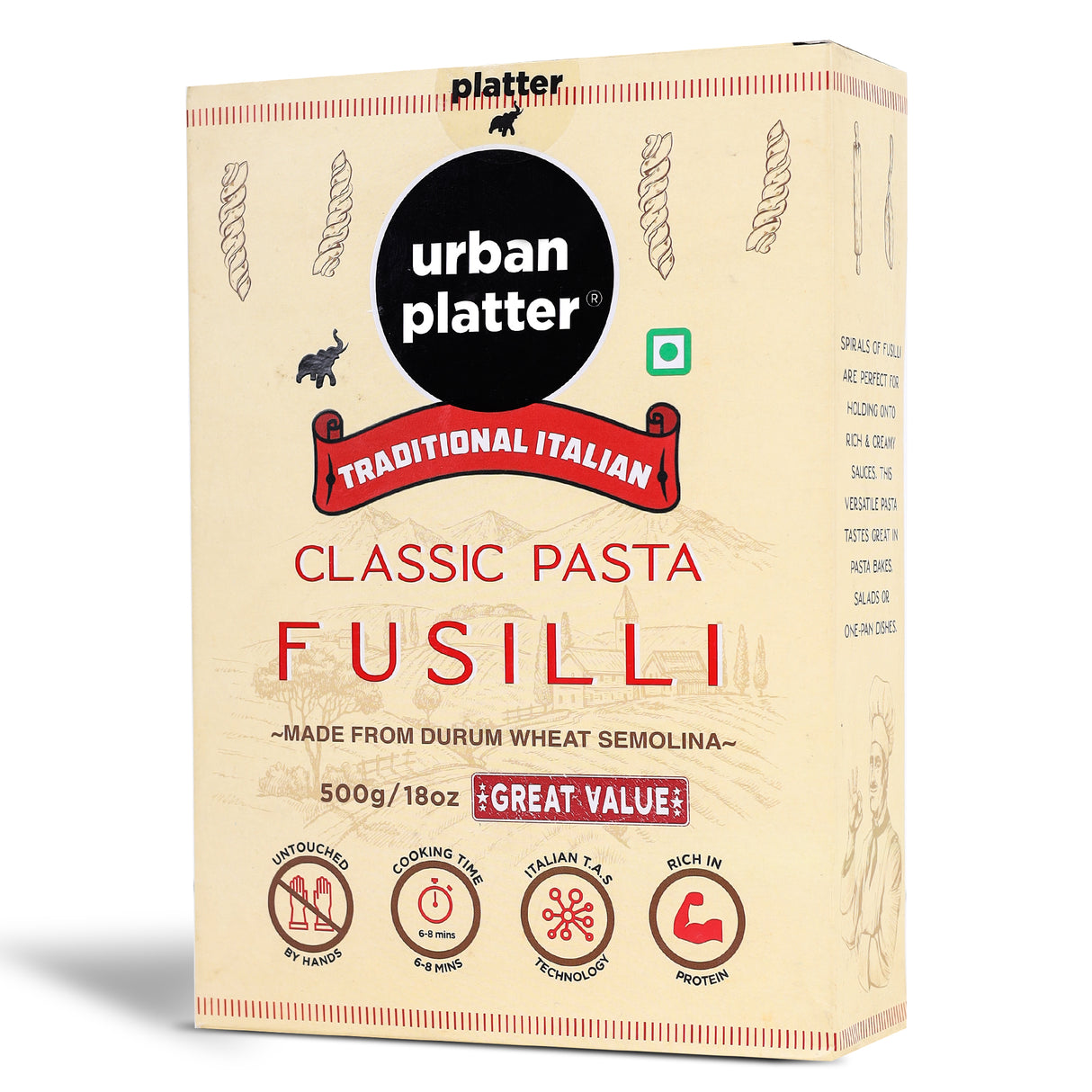 Urban Platter Traditional Italian Classic Fusilli Pasta, 500g [Made from Durum Wheat Semolina]