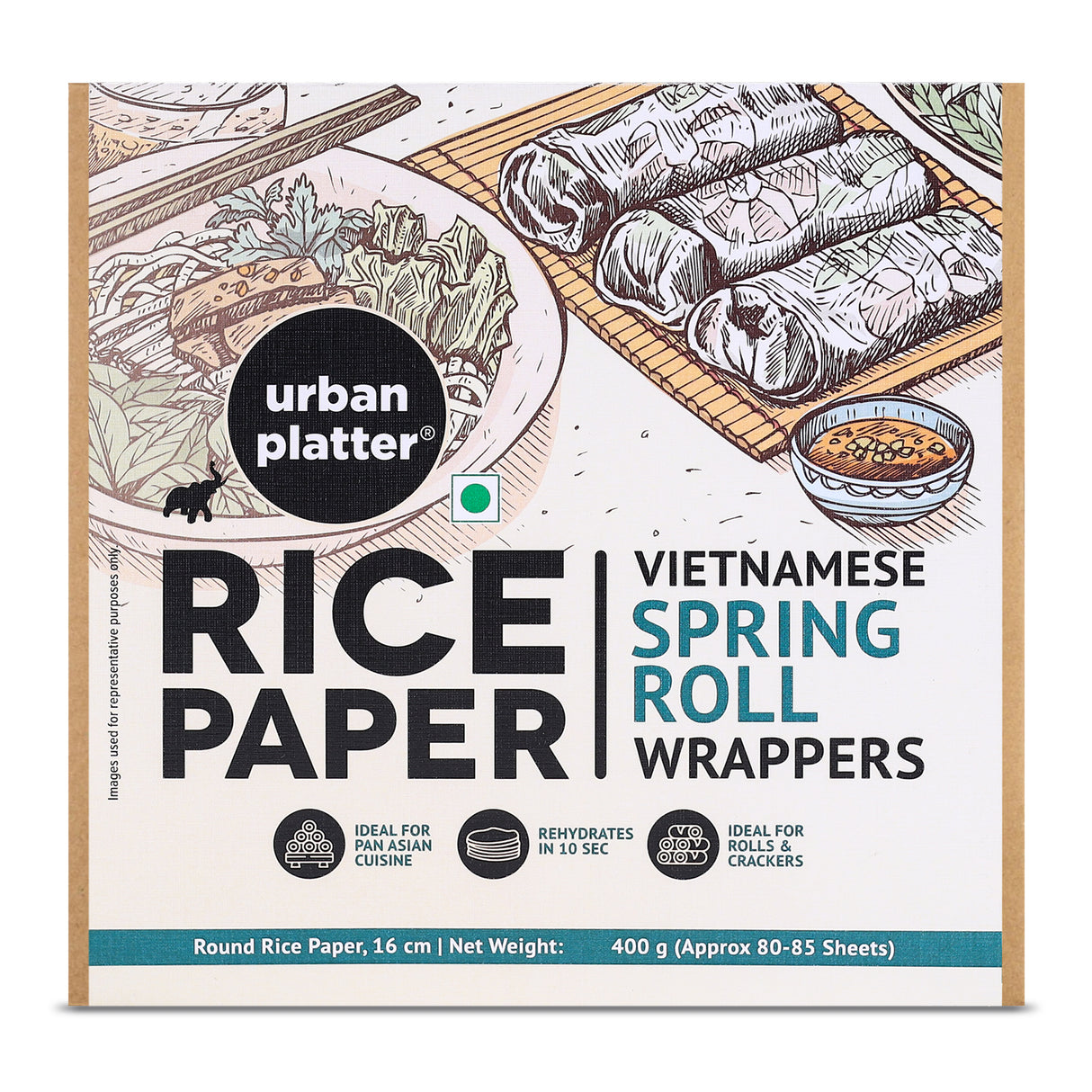 Urban Platter Round Rice Paper Sheets, 400g (Vietnamese Spring Roll Wrappers | Gluten Free | 16 cm Each | Easy to Roll | 80-85 Sheets per pack)
