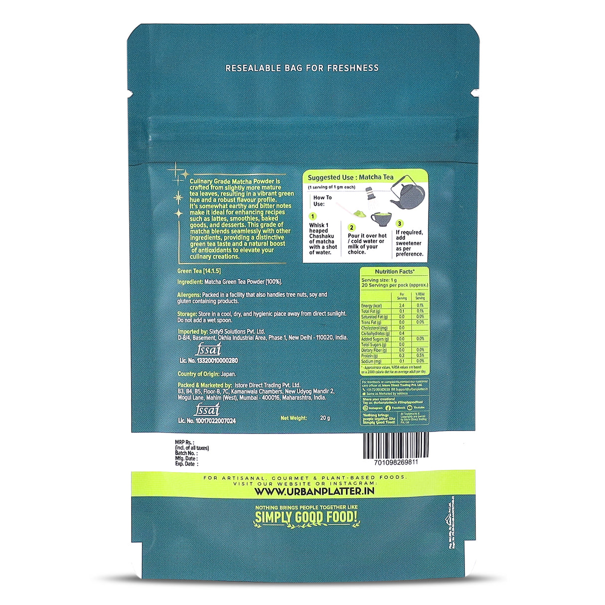 Urban Platter Japanese Culinary-grade Matcha Green Tea Powder (Sourced from Shizuoka, Japan | Stone-Ground)