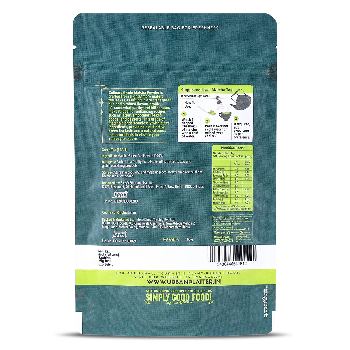 Urban Platter Japanese Culinary-grade Matcha Green Tea Powder, 50g (Sourced from Shizuoka, Japan | Stone-Ground)