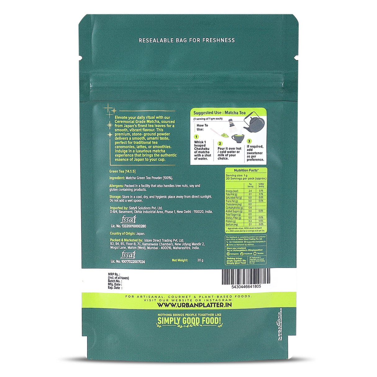 Urban Platter Japanese Ceremonial-grade Matcha Green Tea Powder, 20g (First-harvest leaves | Premium-grade | Stone-Ground | Antioxidant-rich)
