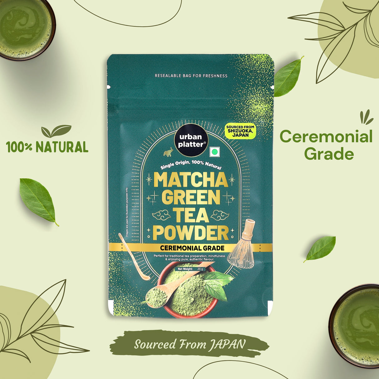 Urban Platter Japanese Ceremonial-grade Matcha Green Tea Powder, 20g (First-harvest leaves | Premium-grade | Stone-Ground | Antioxidant-rich)