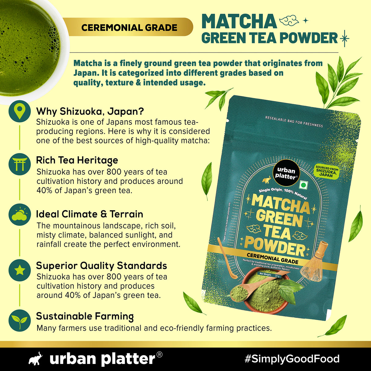 Urban Platter Japanese Ceremonial-grade Matcha Green Tea Powder, 20g (First-harvest leaves | Premium-grade | Stone-Ground | Antioxidant-rich)