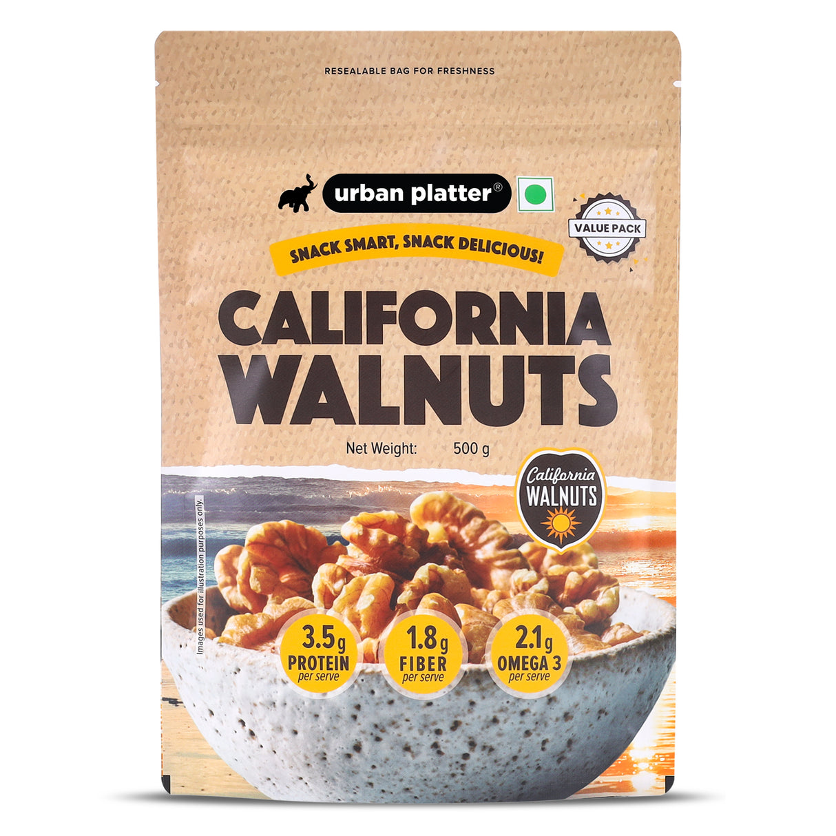 Urban Platter California Walnut Kernels, 500g (Shelled Halves | Rich in Omega-3 & Antioxidants | Heart-Healthy Snack)