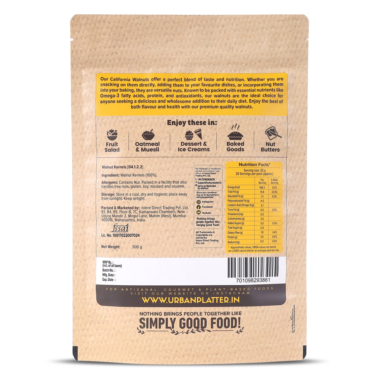 Urban Platter California Walnut Kernels, 500g (Shelled Halves | Rich in Omega-3 & Antioxidants | Heart-Healthy Snack)