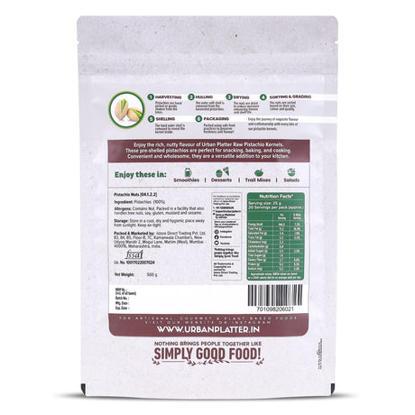 Urban Platter Pistachio Kernels, 500g (Shell Removed Pista | Unroasted and Unsalted | fibre & Protein-Rich | Heart-Healthy Snack)