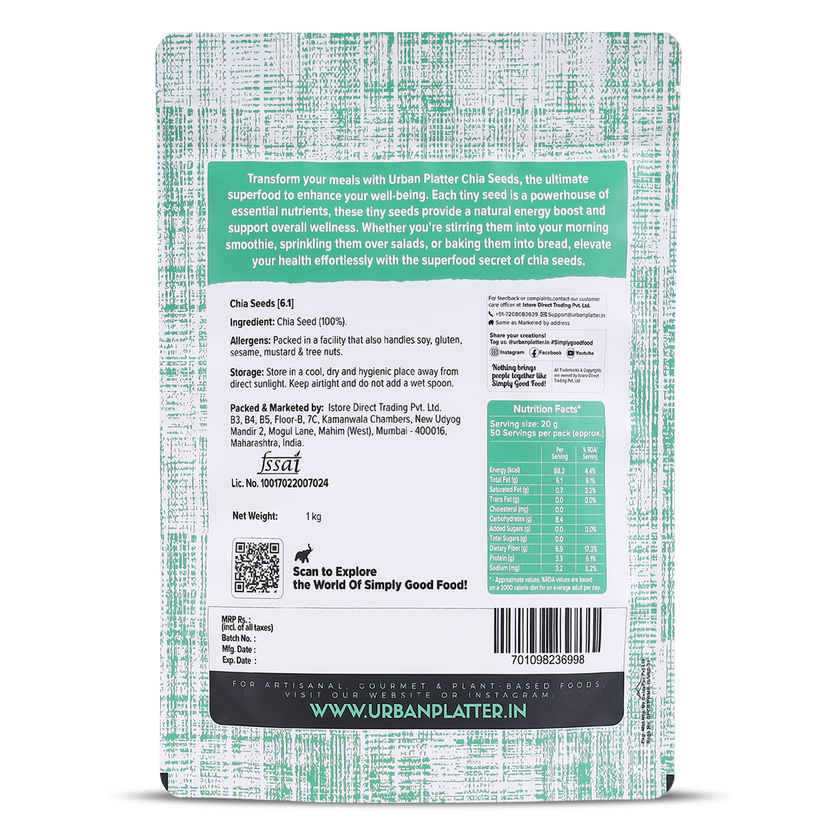 Urban Platter Black Chia Seeds, 1kg (Rich in Omega-3, Fibre & Protein | Superfood)