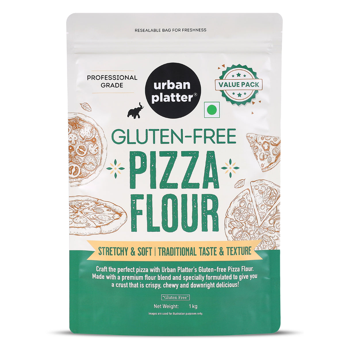 Urban Platter Gluten-Free Pizza Flour, 1kg [Professional Grade | Made with Rice, Millets & Tapioca | Soft, Stretchy Dough for Crispy & Chewy Crust]