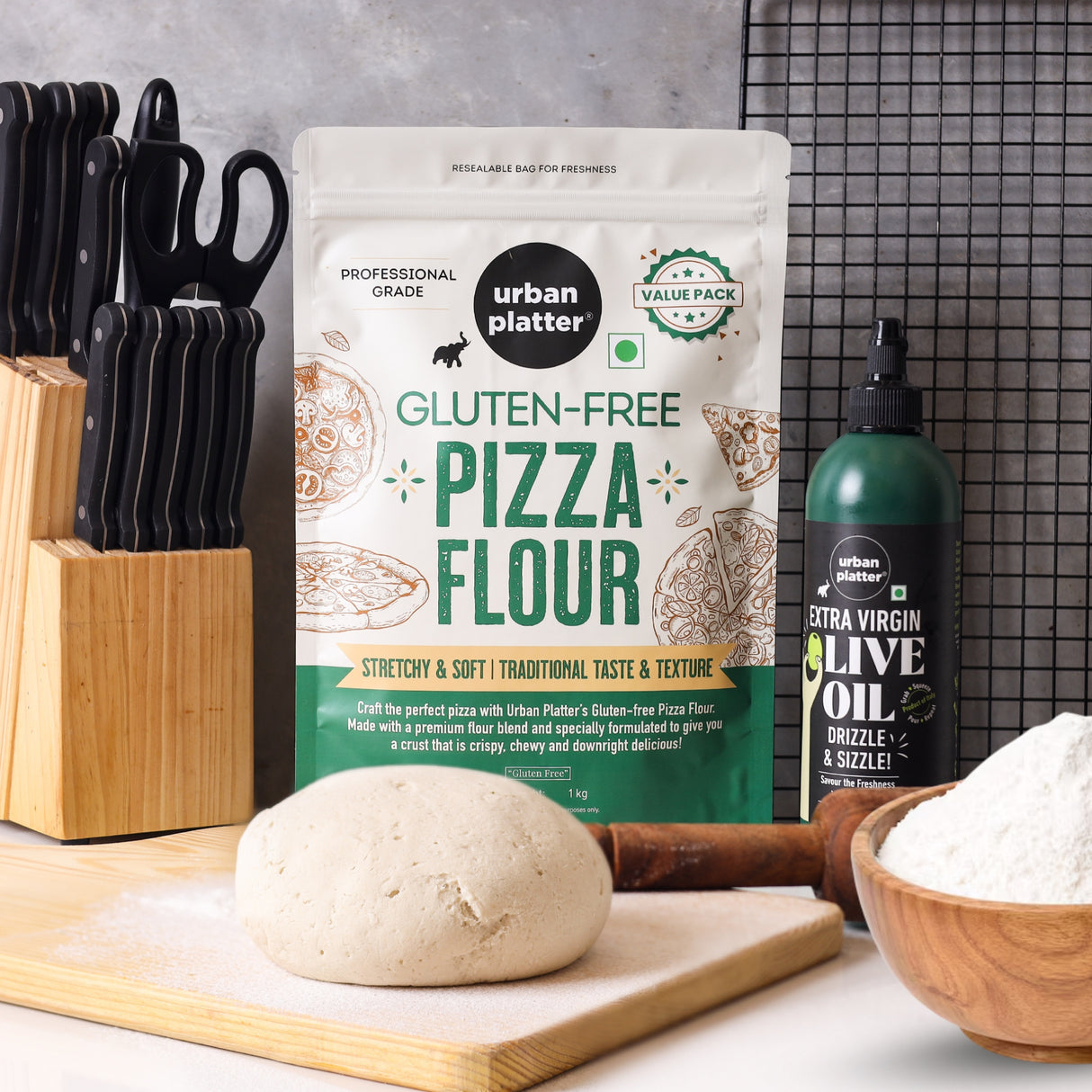 Urban Platter Gluten-Free Pizza Flour, 1kg [Professional Grade | Made with Rice, Millets & Tapioca | Soft, Stretchy Dough for Crispy & Chewy Crust]