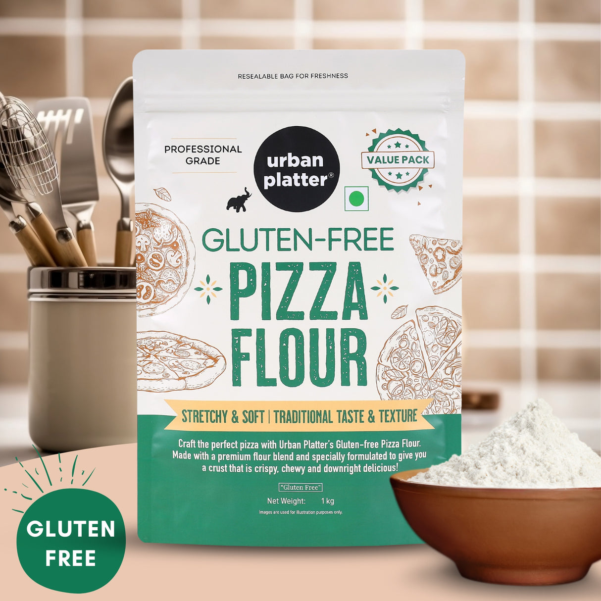 Urban Platter Gluten-Free Pizza Flour, 1kg [Professional Grade | Made with Rice, Millets & Tapioca | Soft, Stretchy Dough for Crispy & Chewy Crust]
