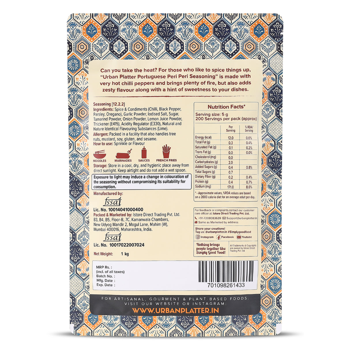 Portuguese Peri Peri Seasoning, 1 Kg (All-purpose seasoning, Perfect for Pop Corn, Pasta, Fries Seasoning, Dairy-free)