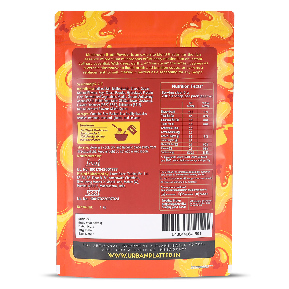 Urban Platter Mushroom Bouillon & Broth Powder, 1kg (Plant-Based | Instant Soup Base | MSG-free | Umami-Rich)