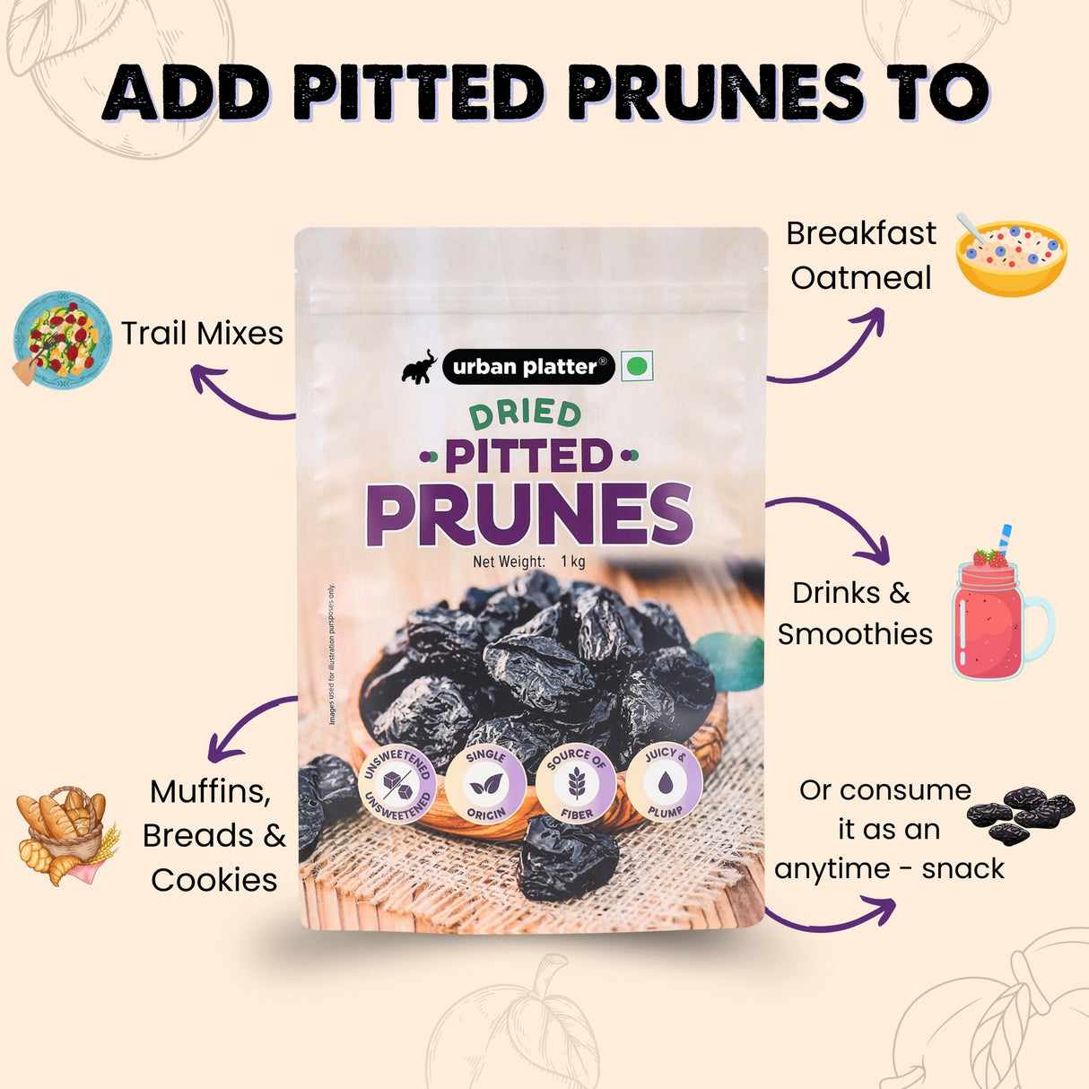 Urban Platter Pitted California Prunes, 1Kg (Dried Plums | Unsweetened | Rich in fibre | Great for Digestion)