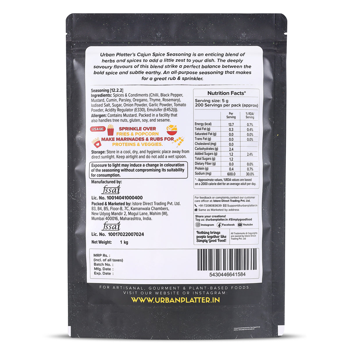 Urban Platter Cajun Spice Seasoning, 1 kg (Bold Blend of French, African and Southern American Flavours | Spicy and Aromatic | Great for Fries, Grills and Stir-Fries | Super-Value Pack)