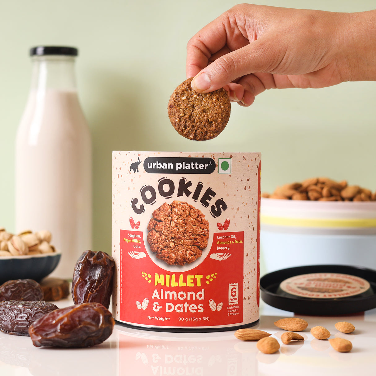 Urban Platter Millet Date and Almond Cookies, 90g (15g x 6N) (Made with Millets & Oats | Gluten-free | Refined Sugar-free | Preservative-free )