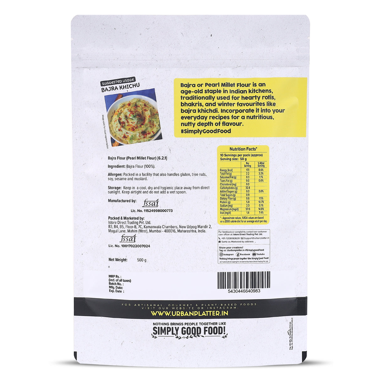 Urban Platter Bajra Flour, 500g (Pearl Millet Flour | Ancient Supergrain | Good Source of Iron, Fibre and Protein)