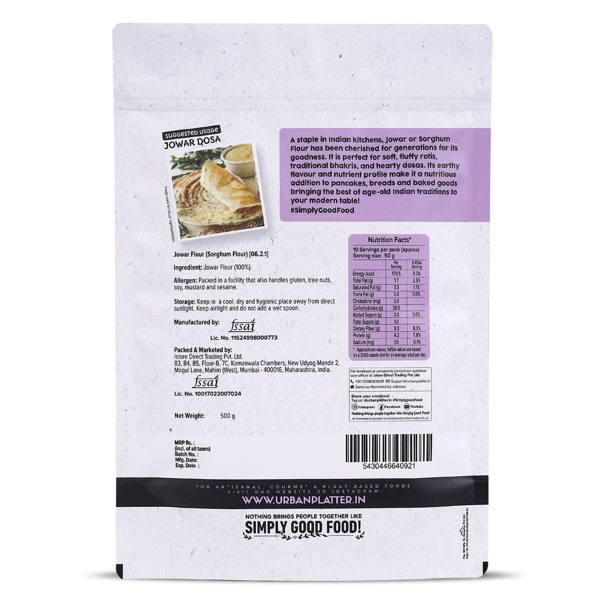 Urban Platter Jowar Flour, 500g (Sorghum Flour | Ancient Supergrain | Rich in Fibre, Iron & Protein)