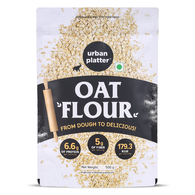 Urban Platter Oats Flour, 500g (Gluten-Free | Fiber-Rich | Ideal for Baking, Pancakes & Smoothies | Made from 100% Whole Oats) - front pack