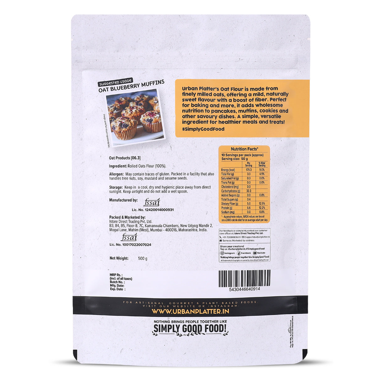 Urban Platter Oats Flour, 500g (Gluten-Free | Fiber-Rich | Ideal for Baking, Pancakes & Smoothies | Made from 100% Whole Oats)