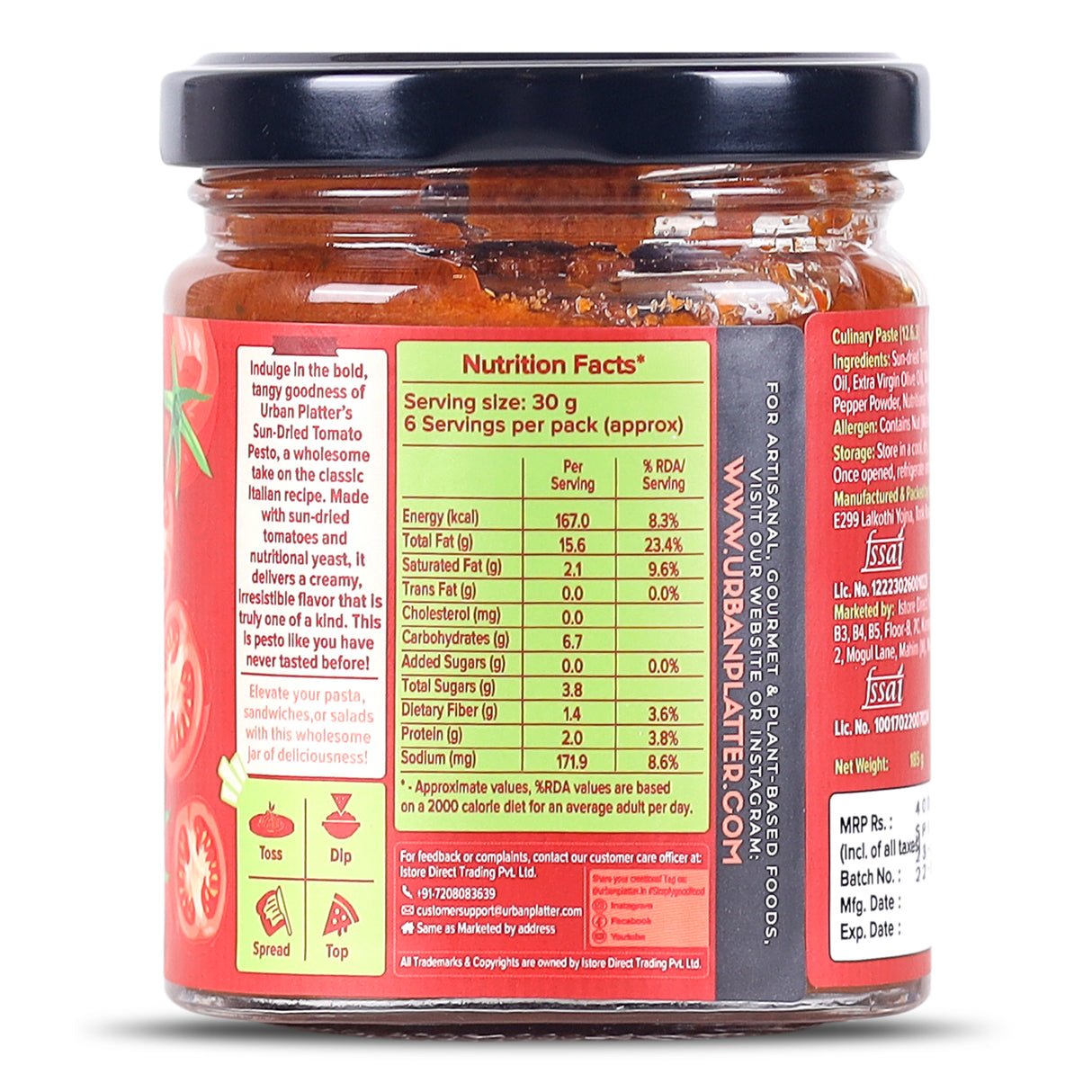 Urban Platter Sundried Tomato Pesto, 185g (Plant Based | Preservative-free | Italian Inspired Pasta Sauce & Spread)