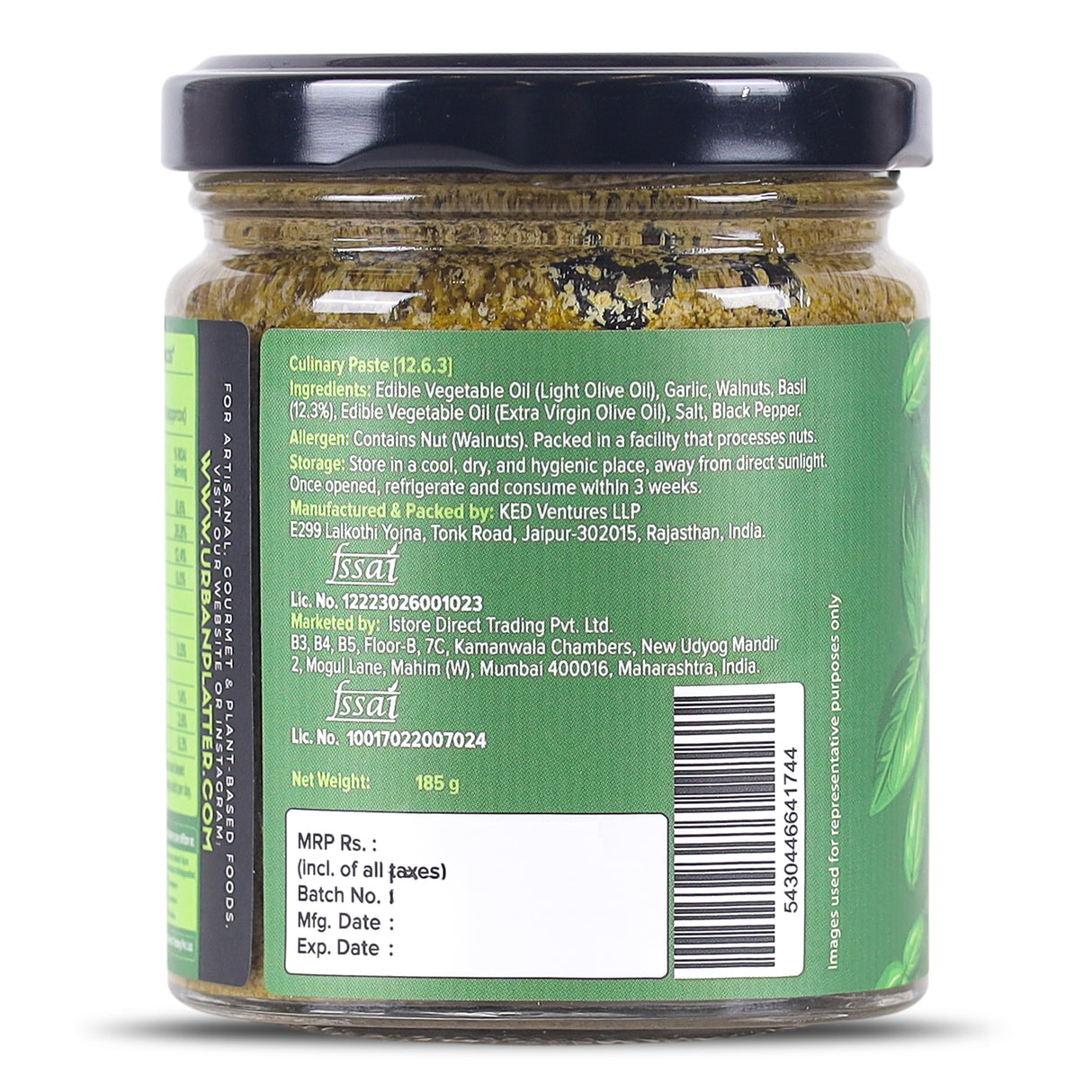 Basil Pesto, 185g (Plant Based, Preservative-free, Italian Inspired Pasta Sauce & Spread, Ready-to-Use)