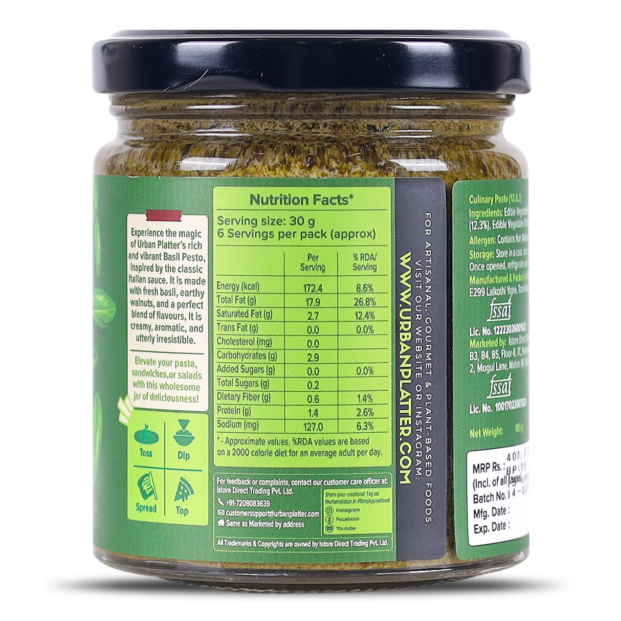Urban Platter Basil Pesto, 185g (Plant Based | Preservative-free | Italian Inspired Pasta Sauce & Spread | Ready-to-Use)