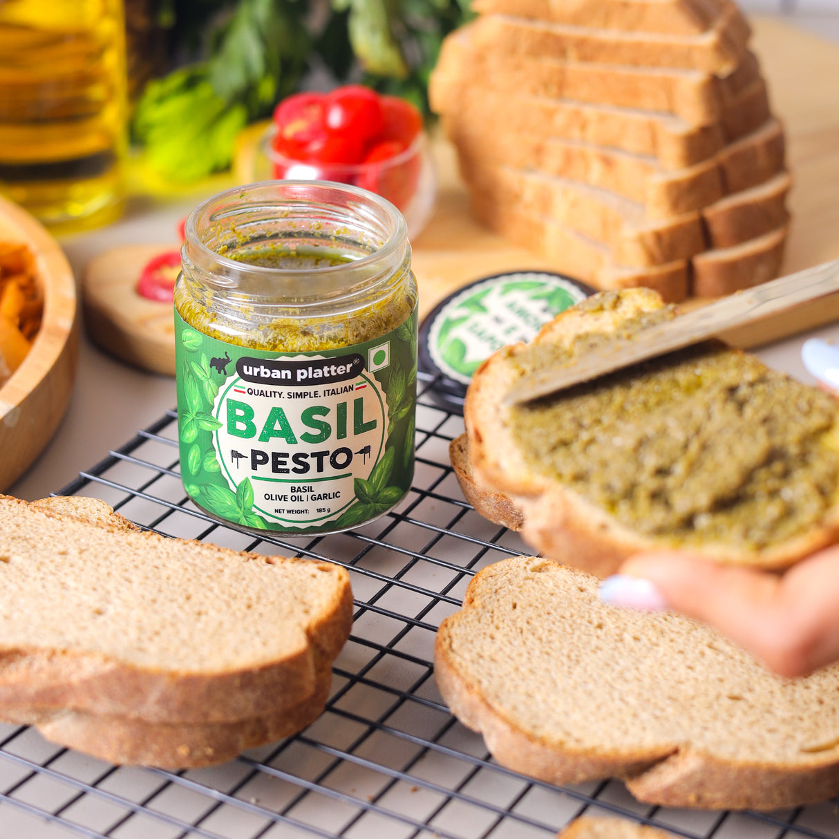Urban Platter Basil Pesto, 185g (Plant Based | Preservative-free | Italian Inspired Pasta Sauce & Spread | Ready-to-Use)