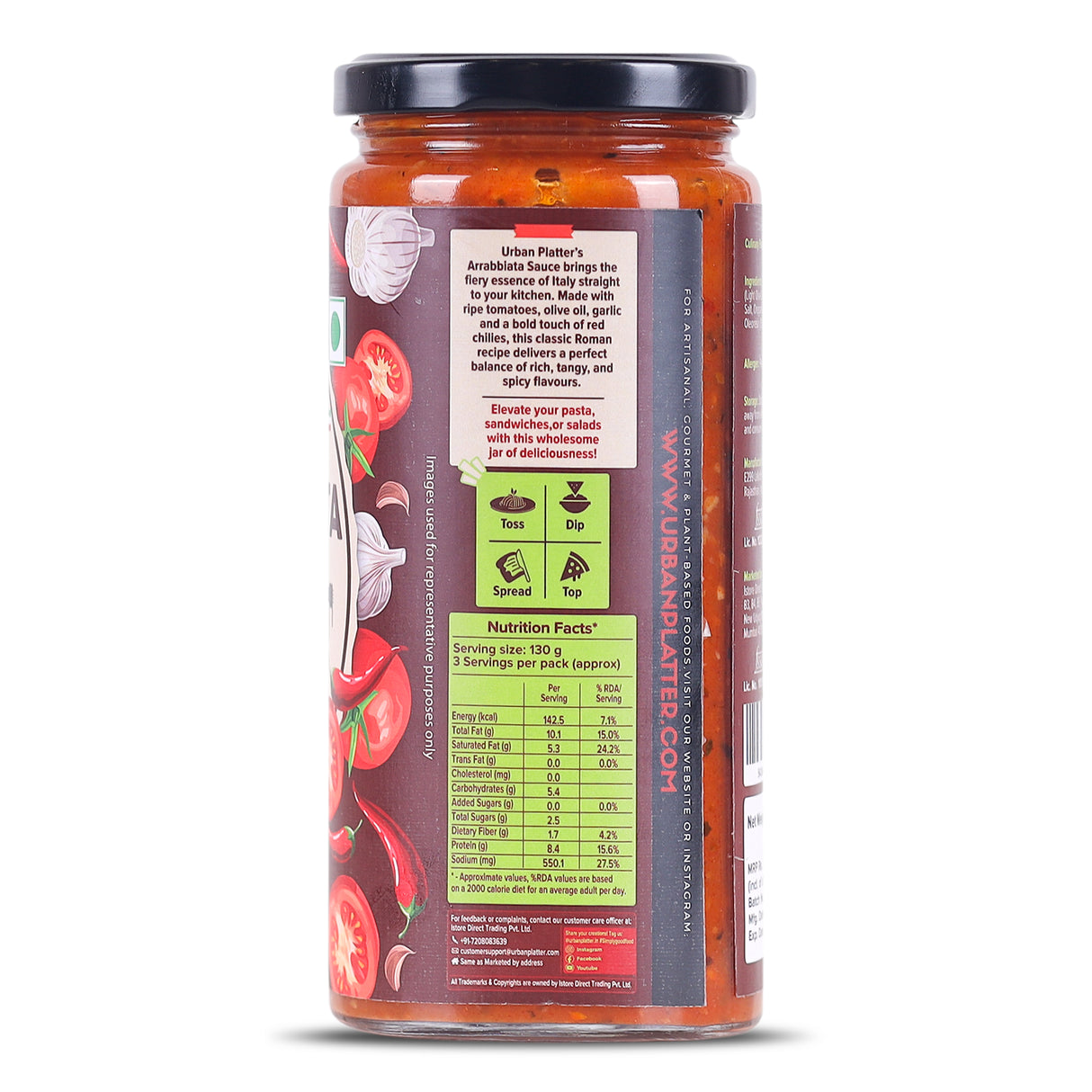 Urban Platter Arrabbiata Sauce, 390g (Plant Based | Preservative-free | Italian Inspired Sauce for Pasta, Pizza and More)