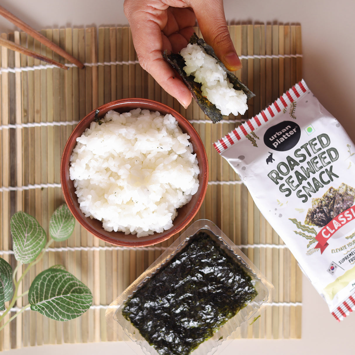Urban Platter Roasted Seaweed Snack - Classic Sea Salt, 5g (Pack of 3, Ready to eat snack | Sugar Free | Crispy Umami Nori Chips)
