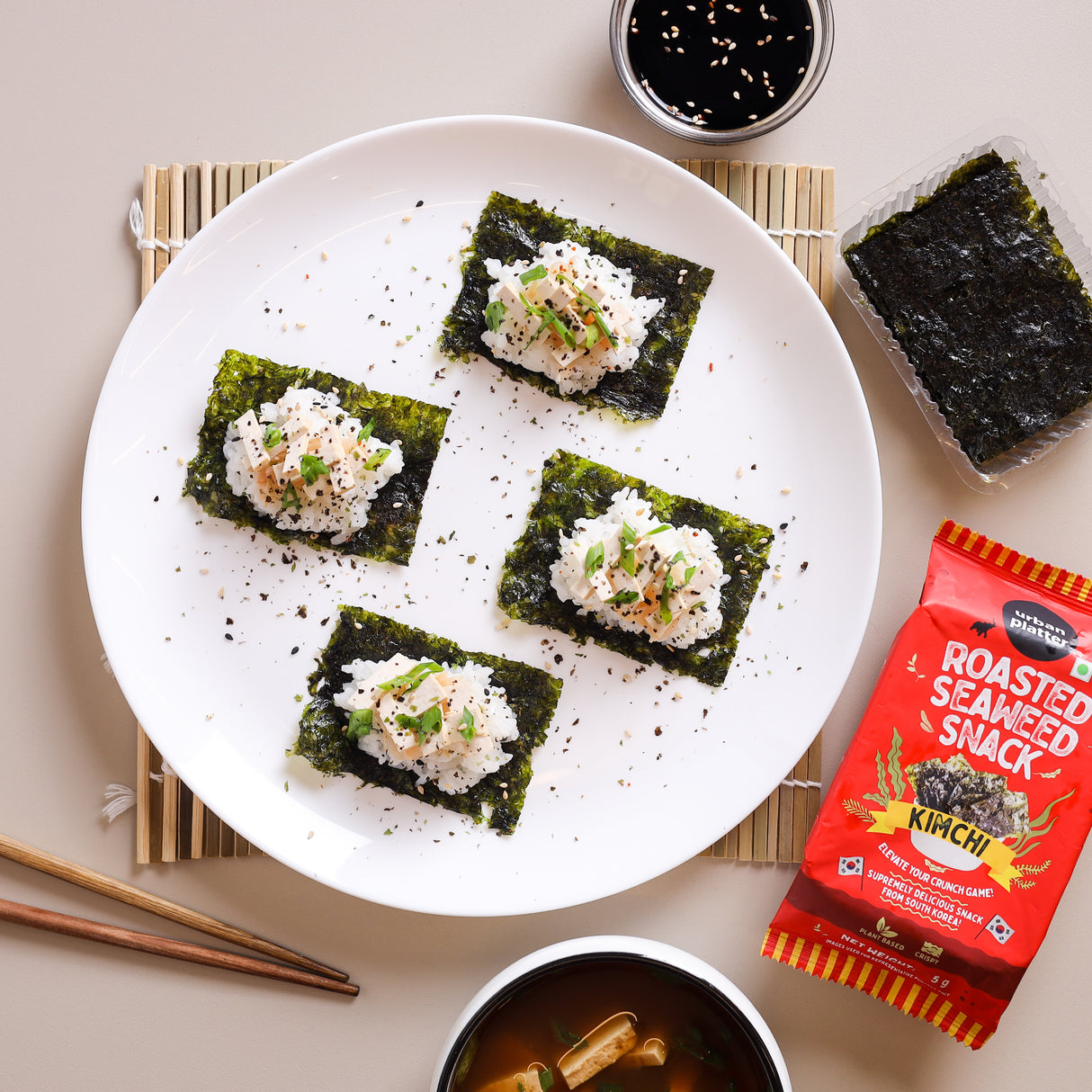 Urban Platter Roasted Seaweed Snack - Kimchi, 5g (Pack of 3, Ready to eat snack | Crispy Umami Nori Chips | Spicy Kimchi Flavour)