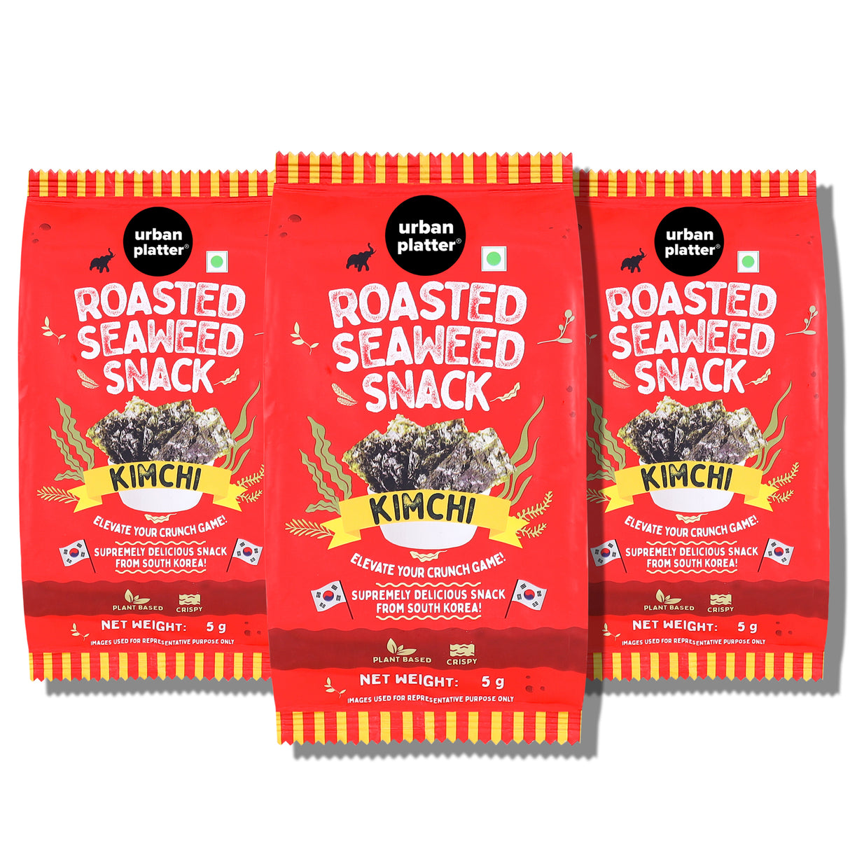 Urban Platter Roasted Seaweed Snack - Kimchi, 5g (Pack of 3, Ready to eat snack | Crispy Umami Nori Chips | Spicy Kimchi Flavour)