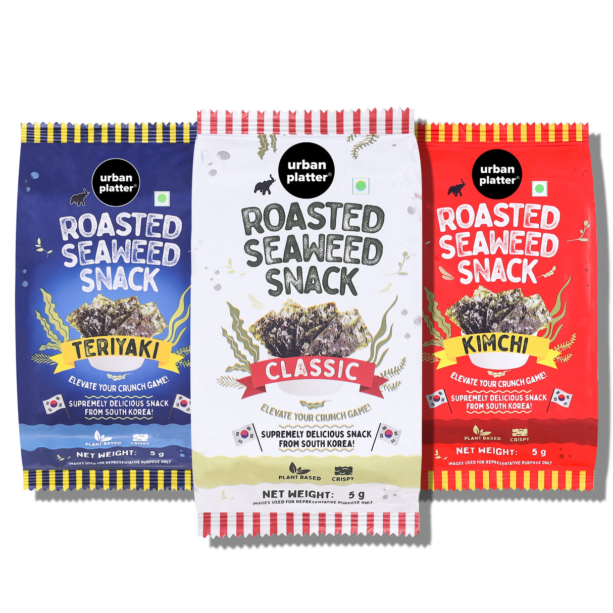 Urban Platter Roasted Seaweed Snack – Assorted Flavours (Classic Sea Salt, Teriyaki & Kimchi) | 5g Each, Pack of 3 | Ready-to-Eat, Crispy Umami Nori Chips